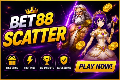 BET88 SCATTER banner featuring free spins, high wins, big jackpots and safe secure play